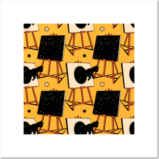 Inspired Black Cat Pattern in yellow Posters and Art
